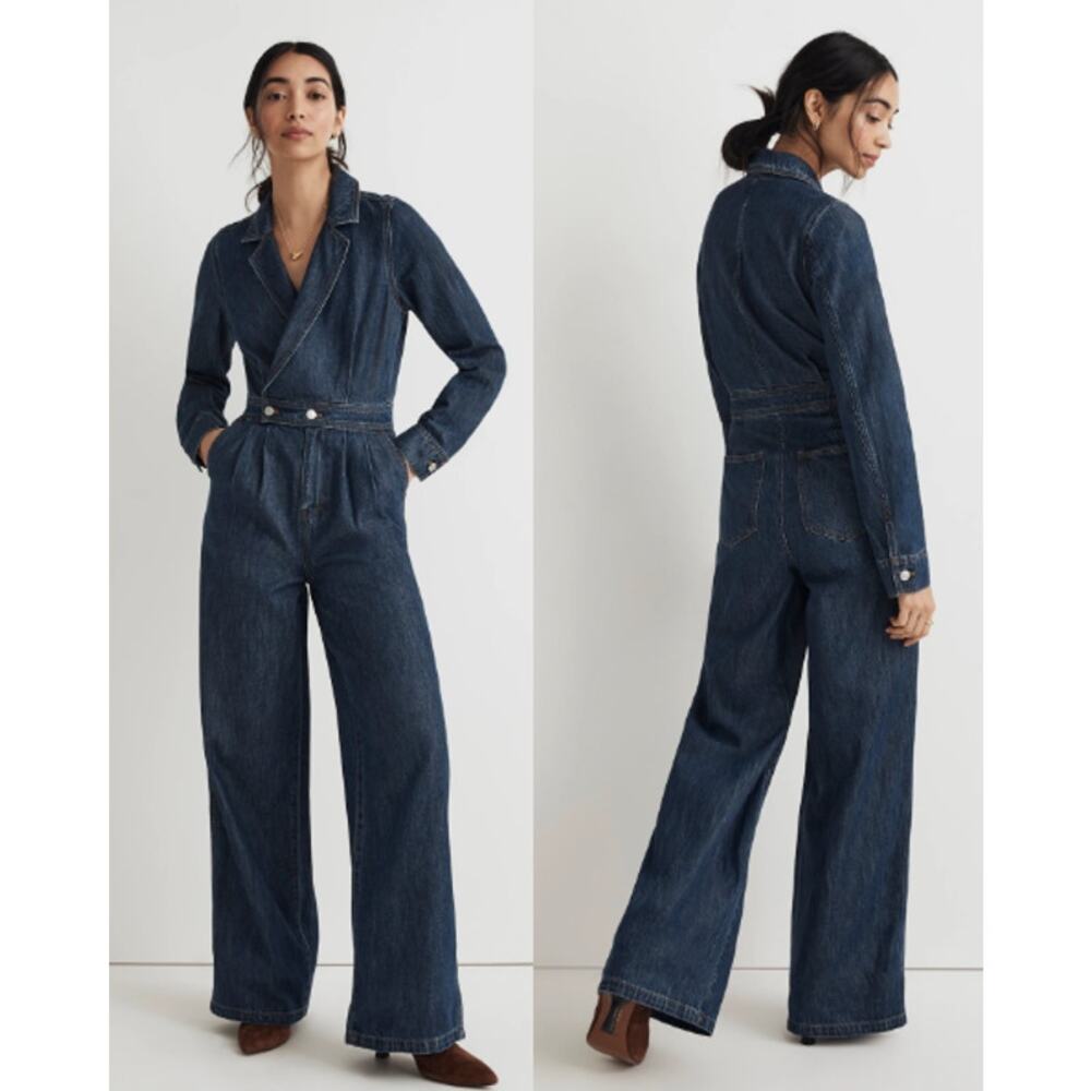 Madewell Long Sleeve Notch Lapel Denim Tailored Straight Leg Jumpsuit Norvell 0